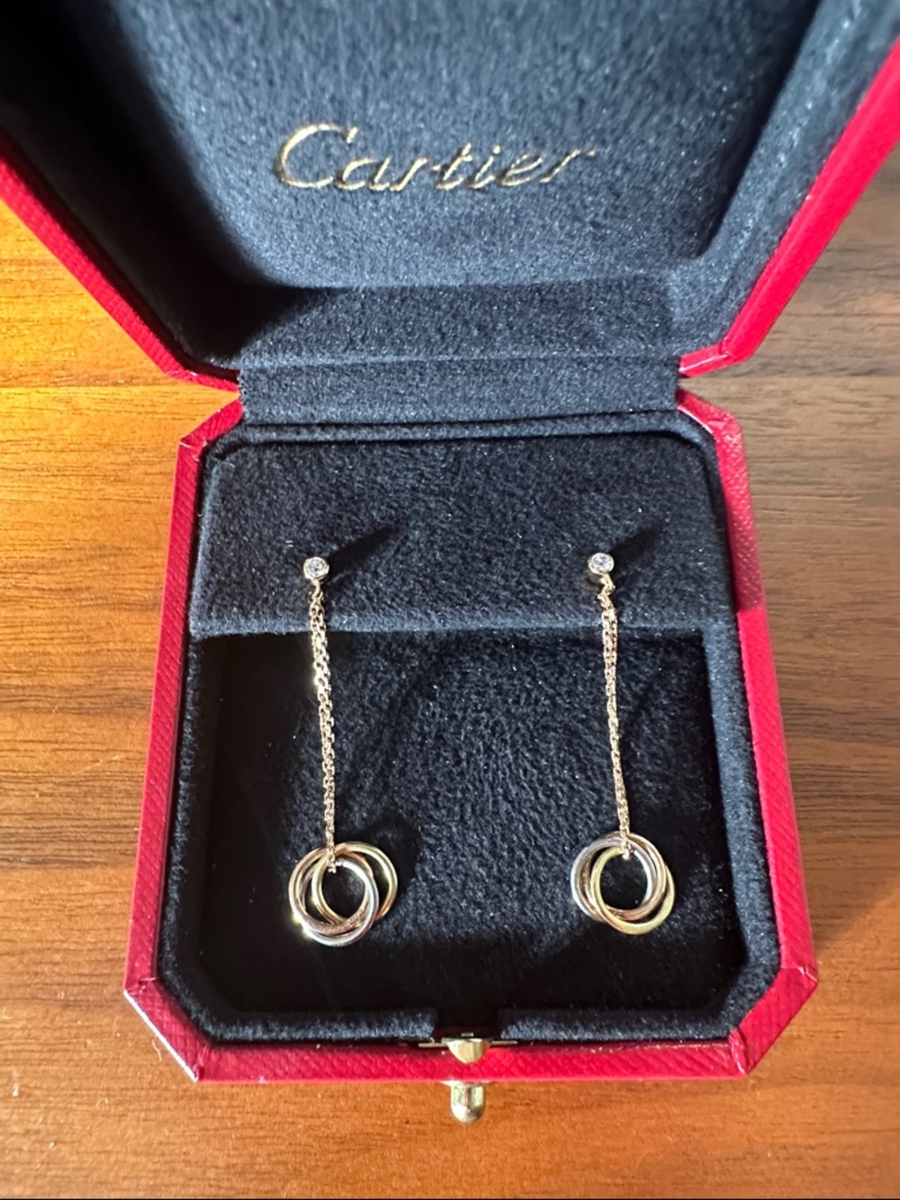 Cartier Gold Triple-Loop Drop Earrings with Chain and Diamond Studs - Gold